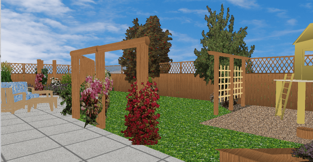 Image of 3D render for family garden with patio