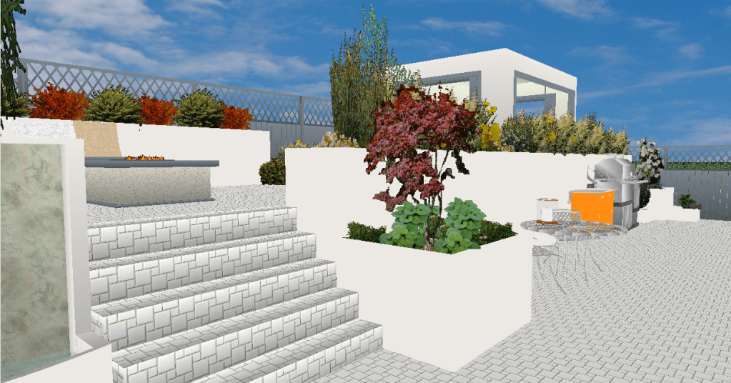 White porcelain tile two-tier patio