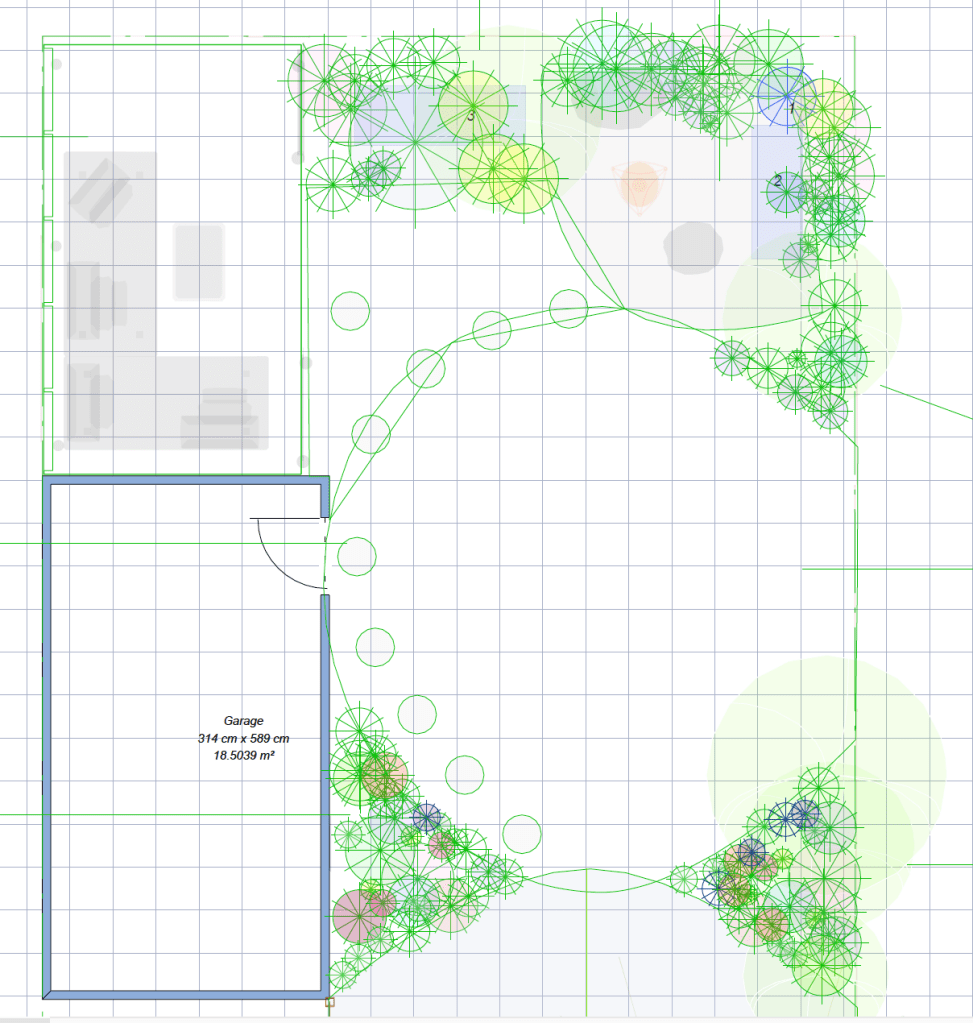 Plan of a garden with coloured circles where plants go