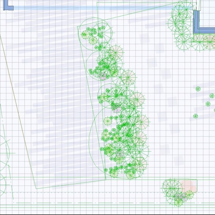 Grid plan with lines for walls and colourful circles for plants